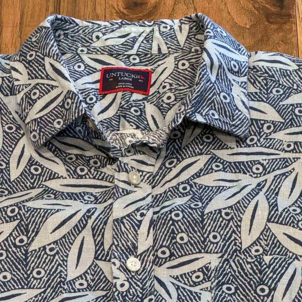 UNTUCKit‎ Brentin Linen Shirt Men's Large Blue White Leaf Print Short Sleeve